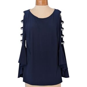 Consigned - Elegant Blinged Out  Navy Blue Prelude Women's Long Sleeve Blouse